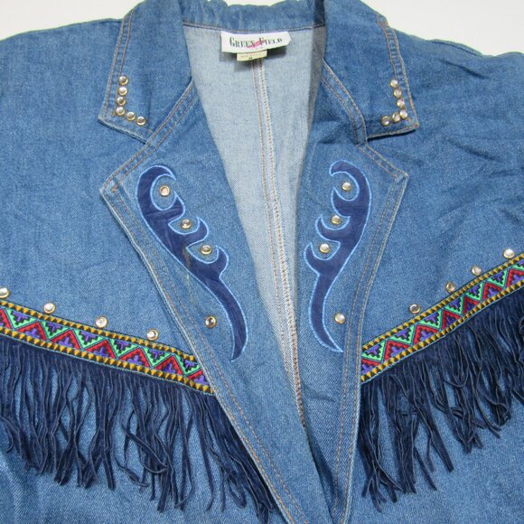 Vtg Green Field Southwestern Fringe Modest Western Boho Jeweled Denim Blazer M - Picture 10 of 13